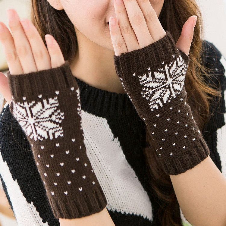 Damen Halbfinger Strickhandschuhe – Schneeflocke Weihnachtsdesign