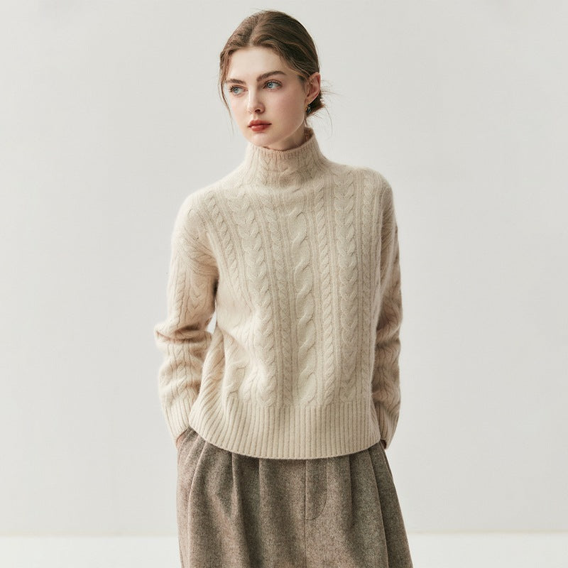 Elegant Cashmere Cable Knit Sweater – Women's Mock Neck Pullover