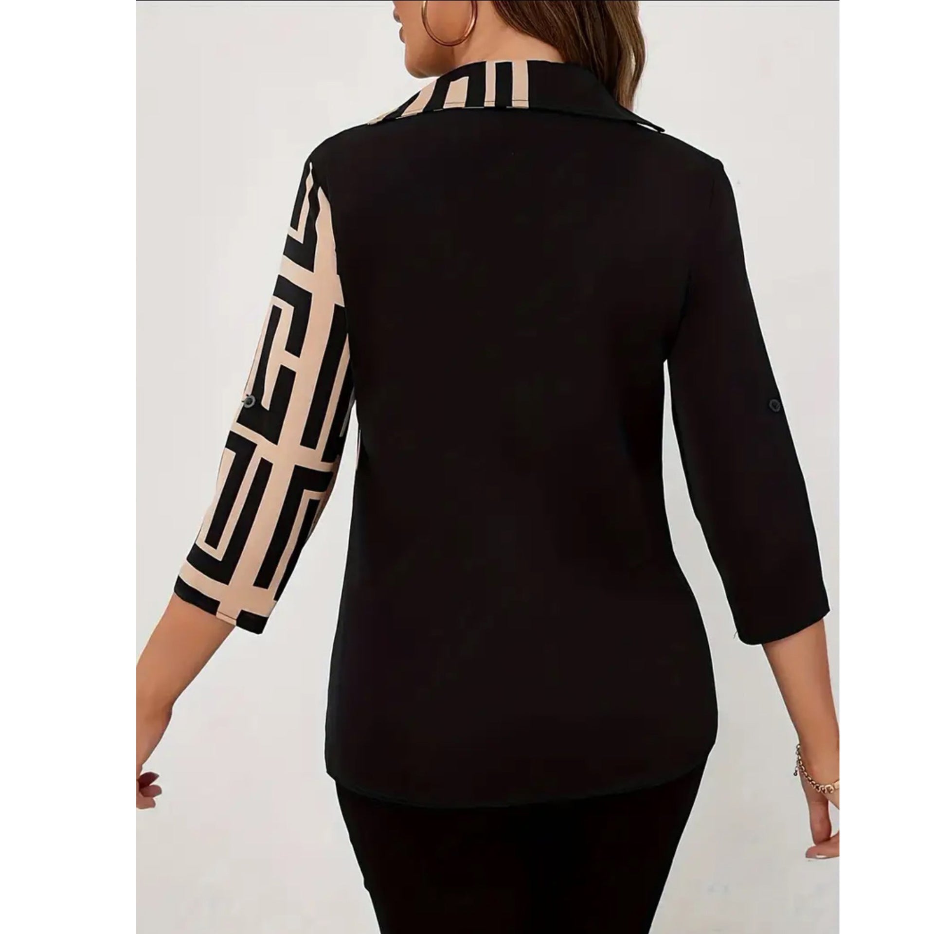 Fashionable Women's Black Blouse with V-Neck – Patchwork & Casual Chic