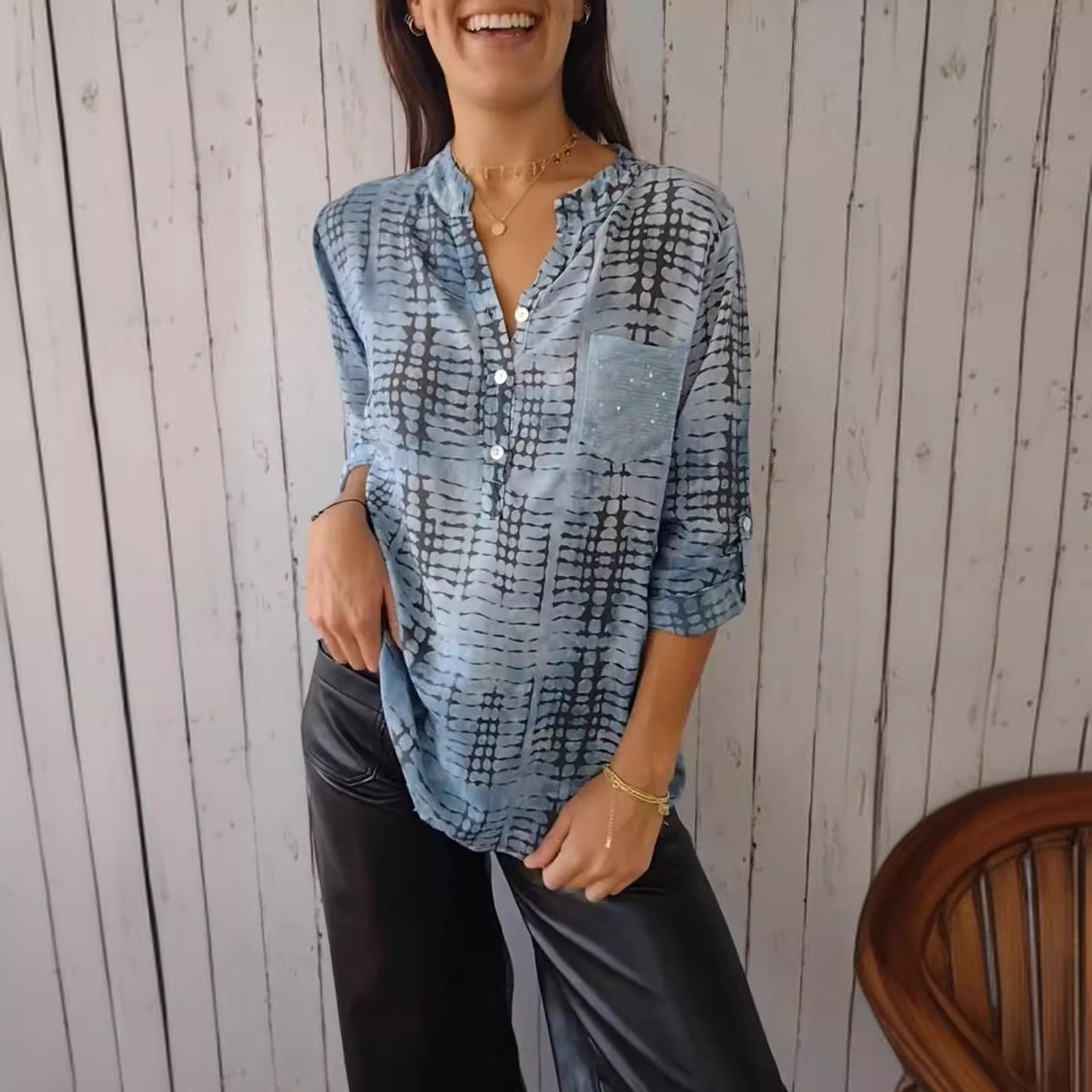 European and American V-neck Half Button Plaid Shirt Half Sleeve Sequined Pocket Button
