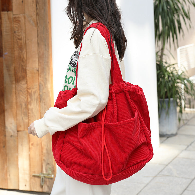 Women's Corduroy Shoulder Bag with Drawstring & Compartments