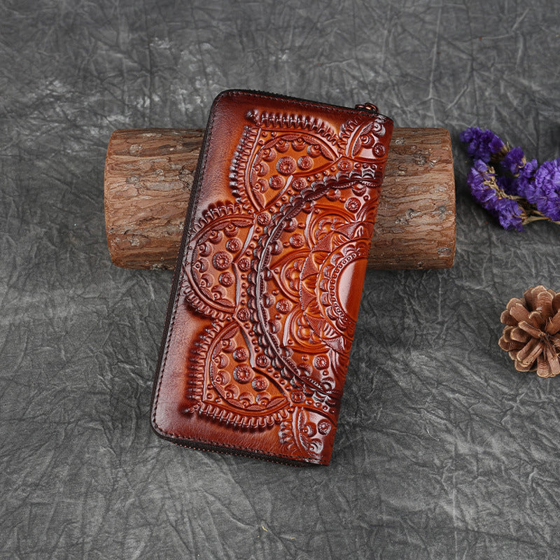 Women's Embossed Leather Long Wallet – Elegant Clutch Purse