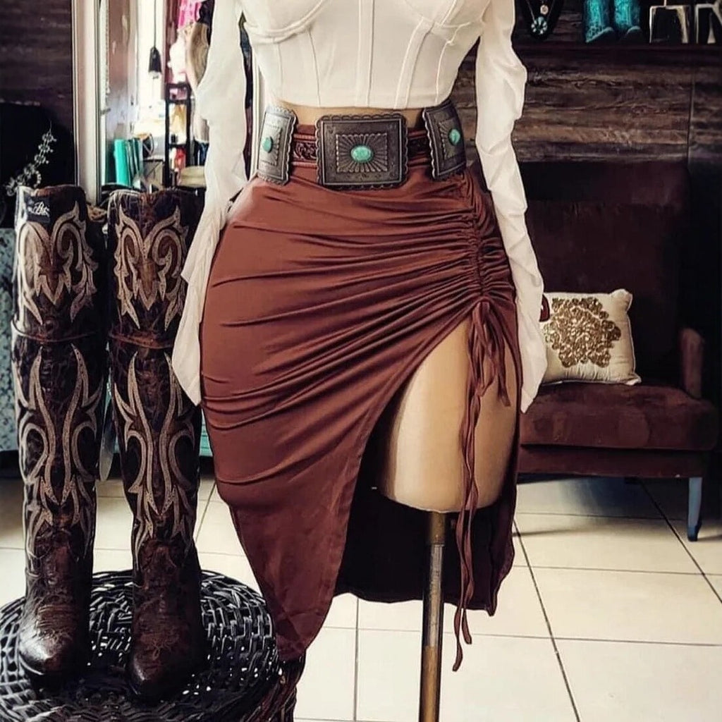 High-Waist Plisseerock mit Schlitz – Figurformender Damen Rock mit Bindeband