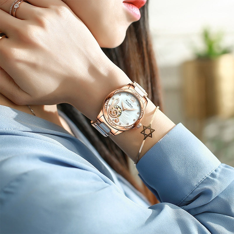 Ladies Automatic Watch Wine Red – Skeleton Design Luxury Wristwatch