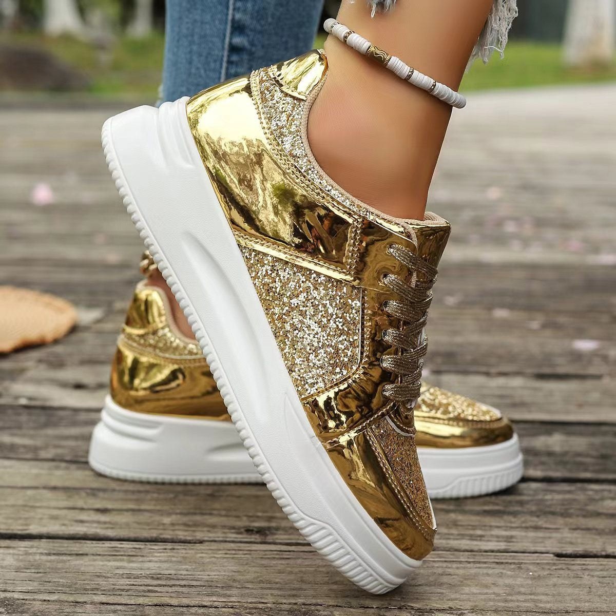 Damen Plateau Sneaker mit Pailletten – Rutschfeste Fashion Schuhe