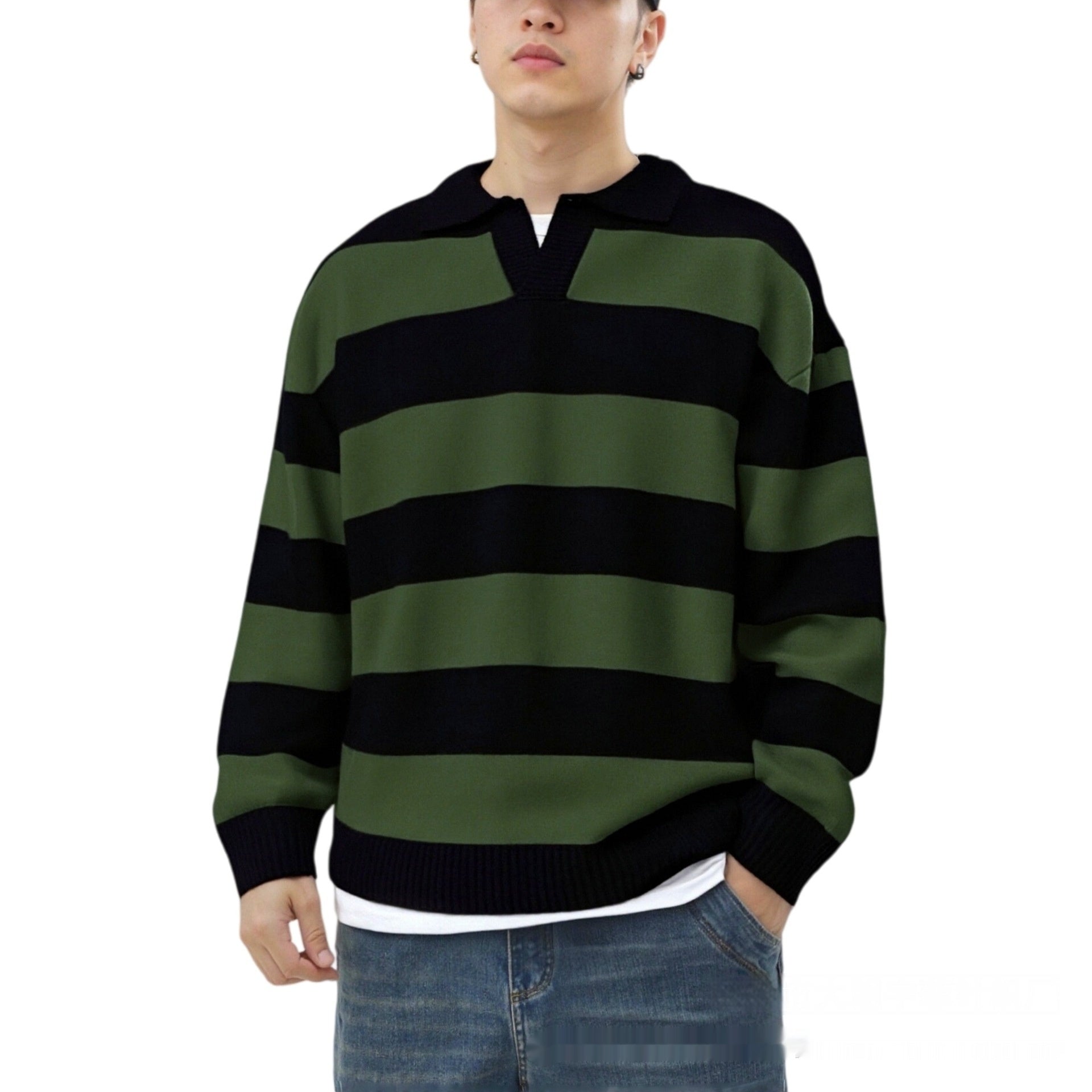 Herren V-Ausschnitt Pullover – Gestreifter Strickpullover Casual