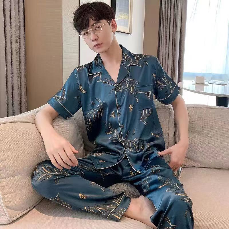 Herren Eis Seide Pyjama | Sommer Schlafanzug Leicht | Set