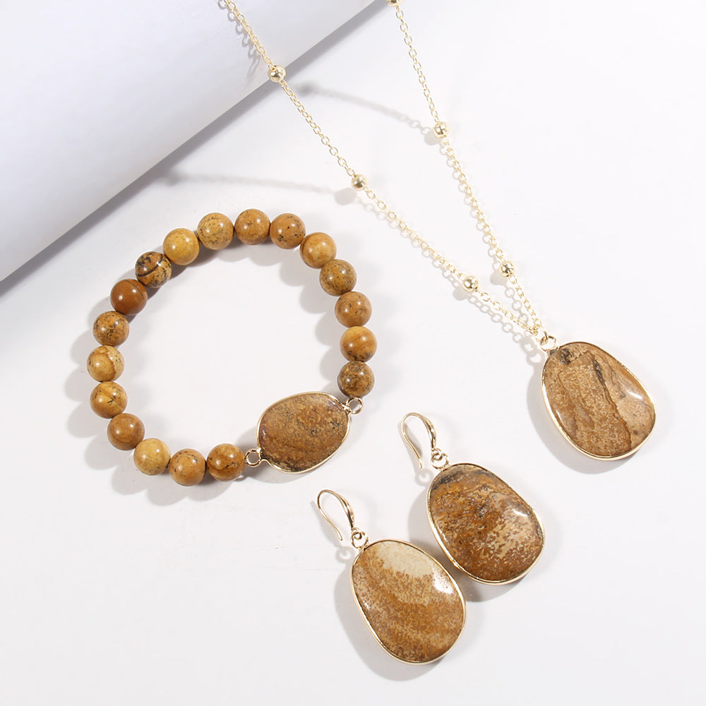 Golden Jewelry Set with Natural Stone – Necklace, Bracelet & Earrings for Women