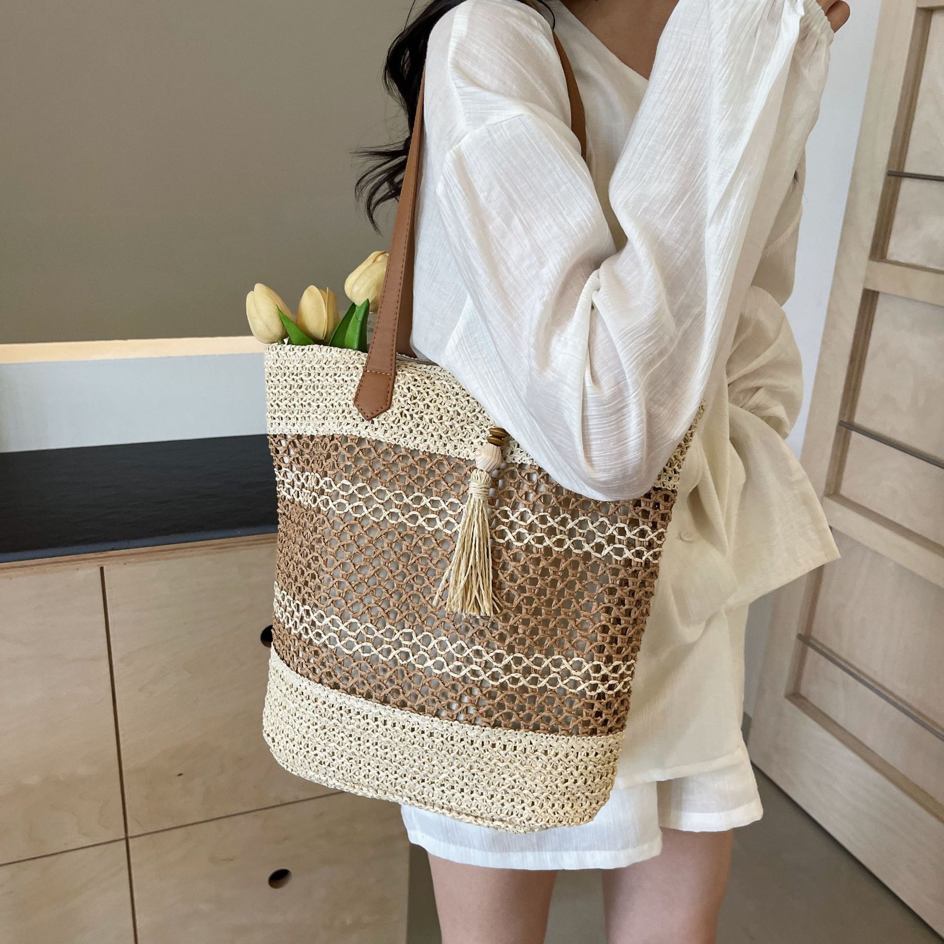 Straw Beach Bag for Women – large & summery with stripes