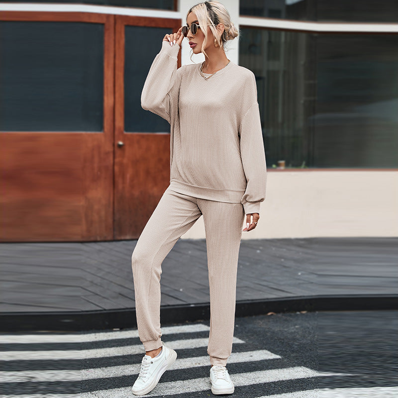 Women's Plain Loungewear Set – Long-Sleeved Top & Trousers Comfort Suit
