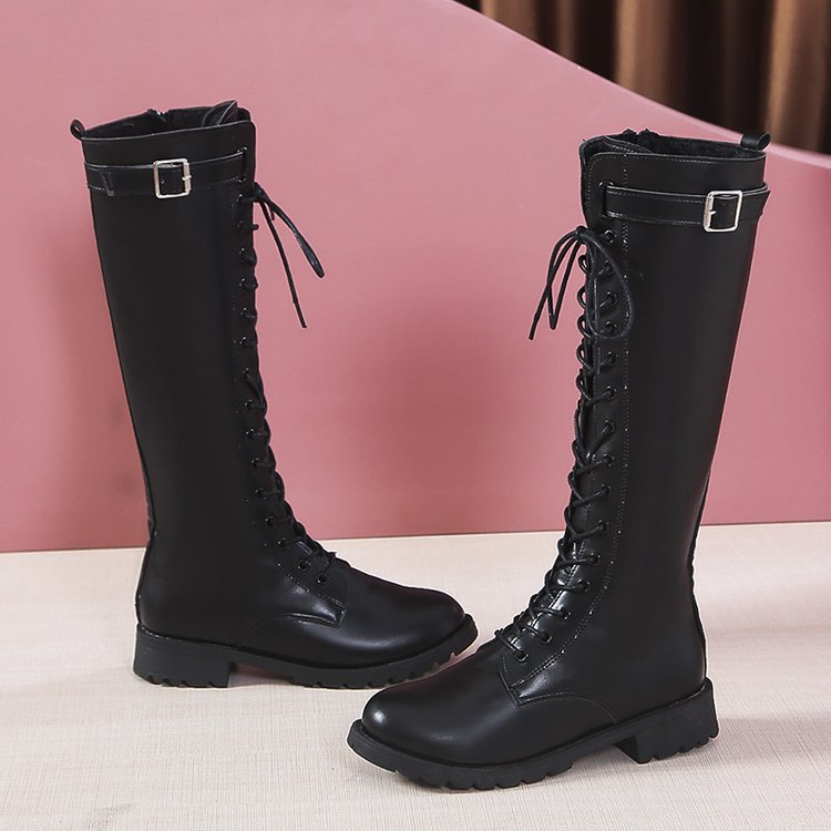 Damen High Boots mit Schnürung – Mid Heel Schnallen Stiefel
