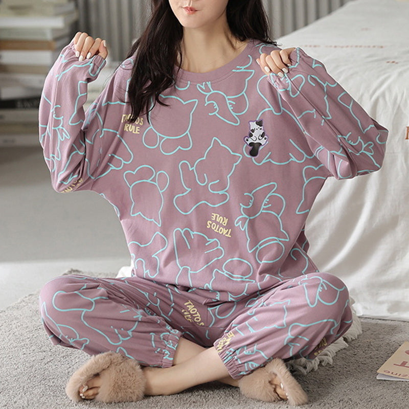 Damen Pyjama Set Print – Langarm Schlafanzug Herbst Winter