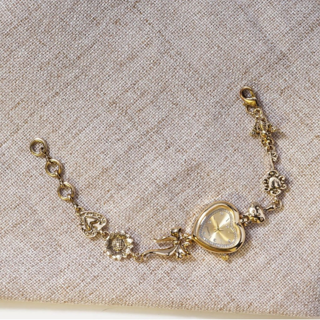 Women's Vintage Heart Jewelry Watch – Gold Bow & Floral Design