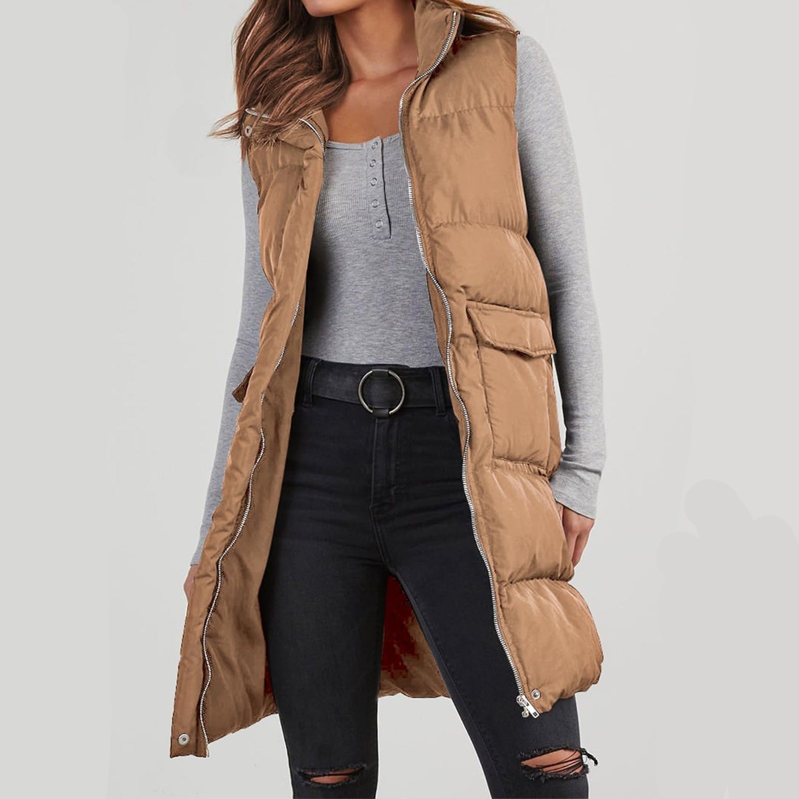 Damen Kapuzenweste Mid-Length – Polyester, Warm & Casual Stil