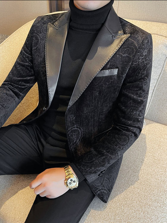 Men's Jacquard Velvet Blazer with Leather Lapels – Luxury Elegant Jacket