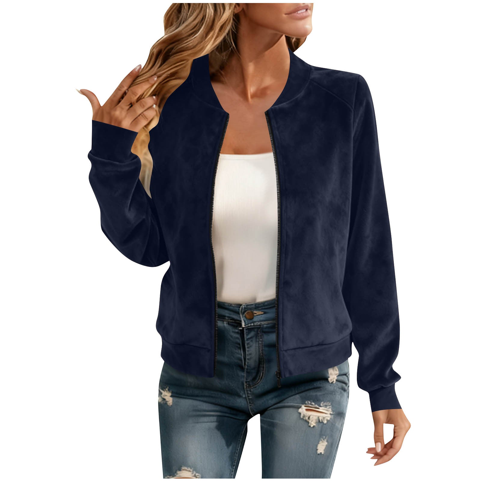 Women's Suede Look Short Jacket - Fleece Lined, Zip & Round Neck