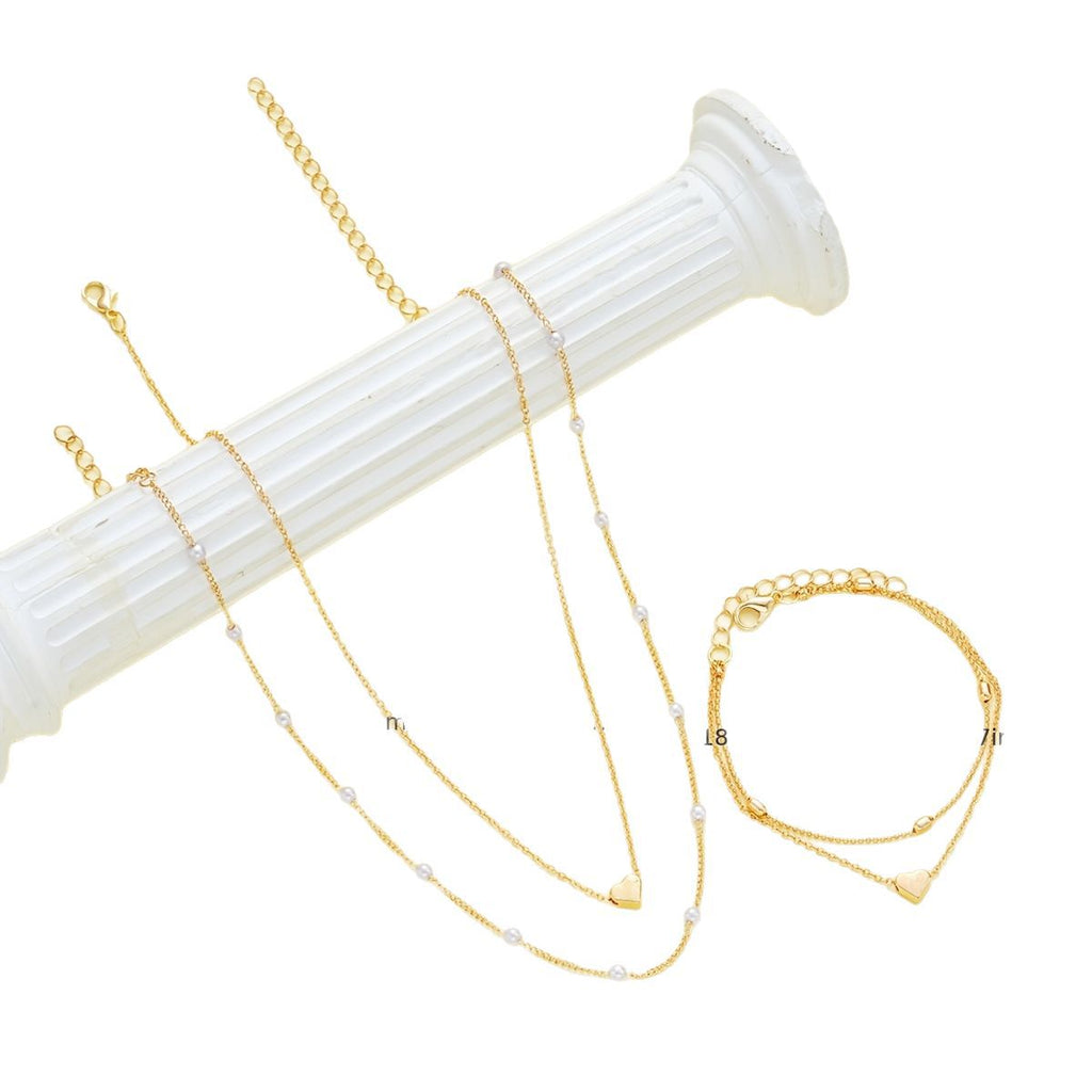 Romantic Pearl Jewelry Set with Heart Design – Double-Layer Necklace & Bracelet