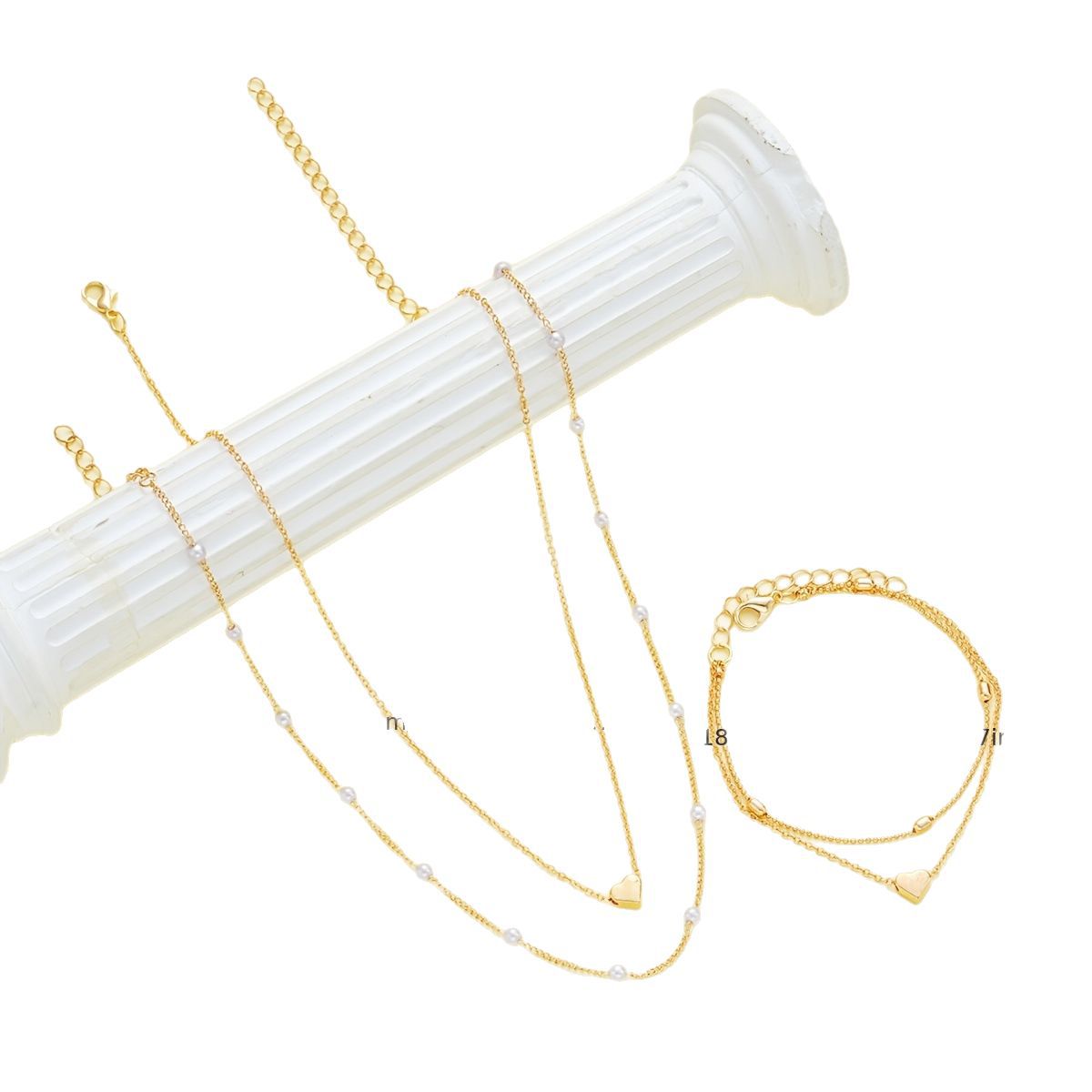 Romantic Pearl Jewelry Set with Heart Design – Double-Layer Necklace & Bracelet