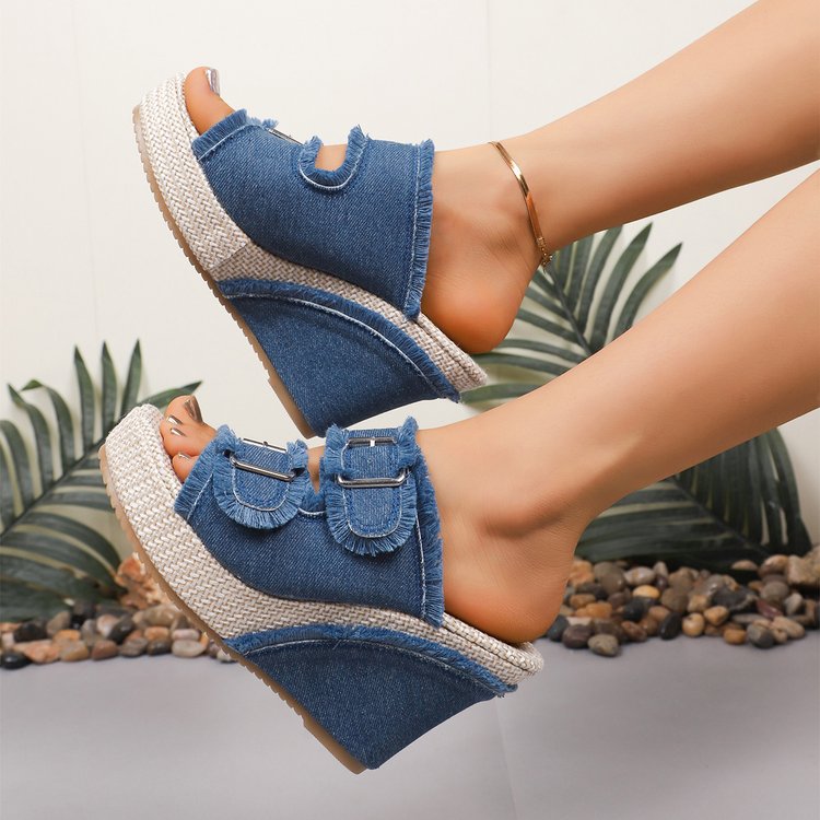 Women's Denim Mule Sandals – Block Heel Slip-On with Buckle