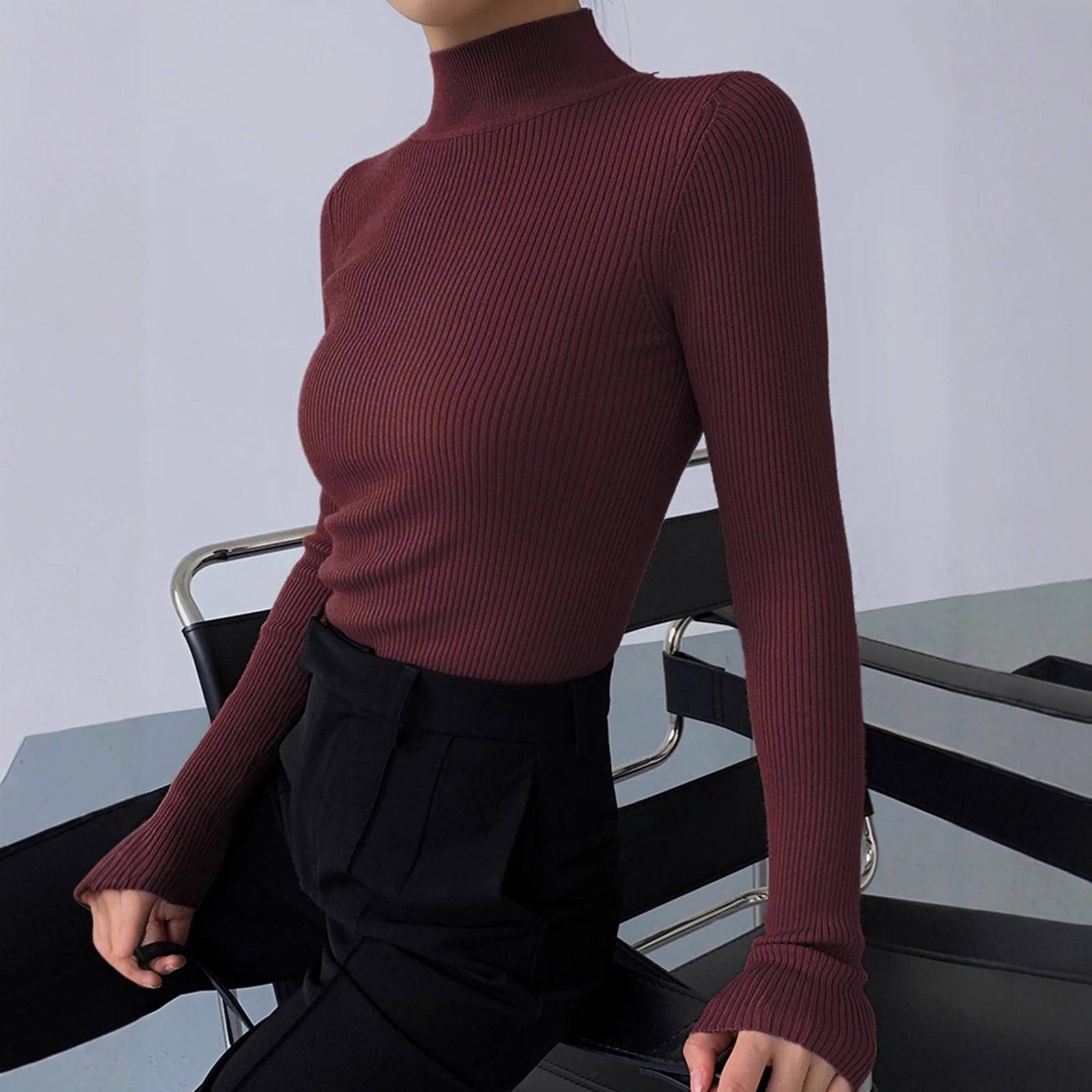 Women's Figure-Hugging Knitted Top – Tight Crew Neck Fashion Top