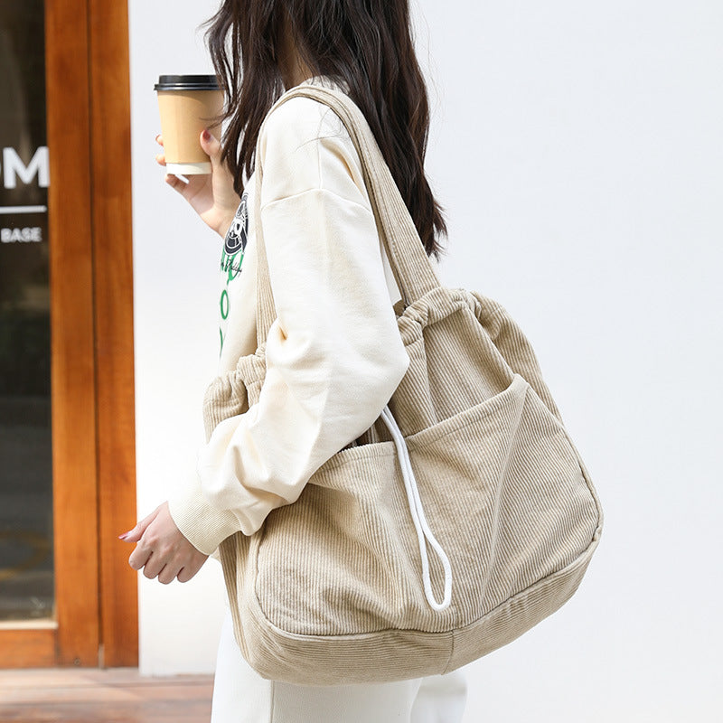 Women's Corduroy Shoulder Bag with Drawstring & Compartments