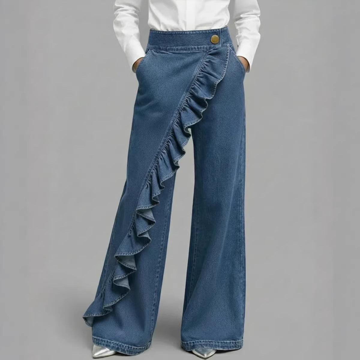 Women's Retro High Waist A-Line Jeans – Irregular Denim Trousers