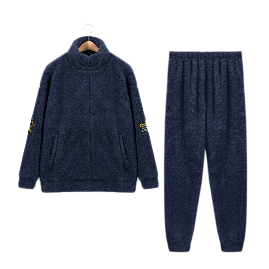 Herren Flanell Pyjama Warm | Stehkragen Reißverschluss Winter Set