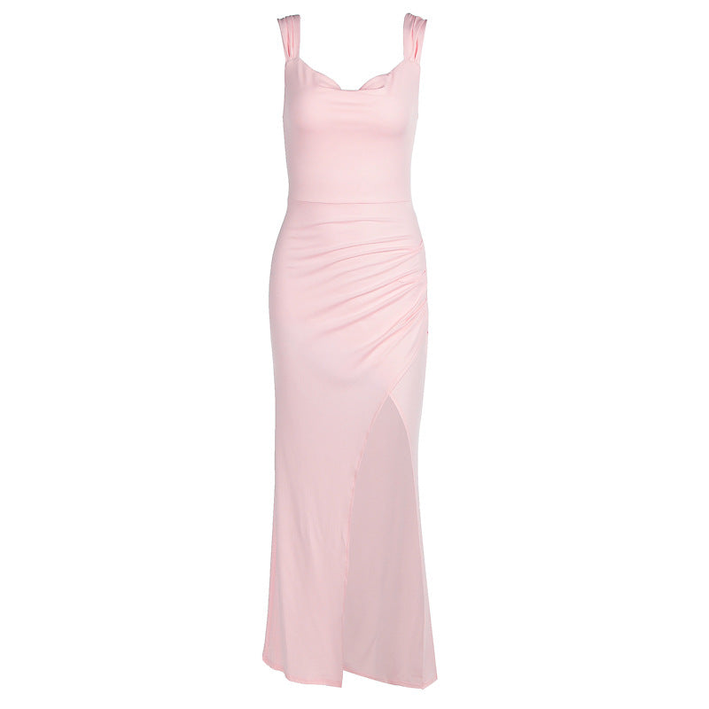 Elegant Slim Fit Dress with Slit – Sleeveless Dress with Back Tie