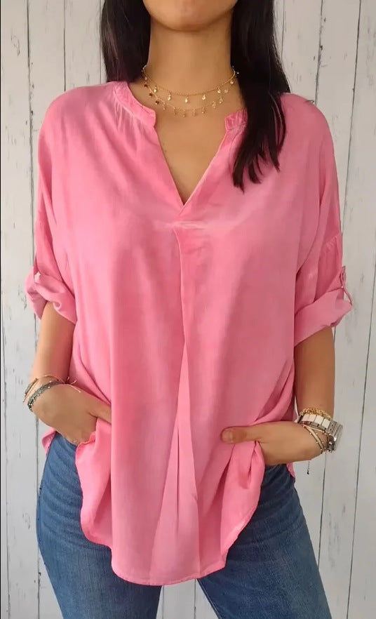 Plus Size Damenbluse Baumwolle Leinen | V-Ausschnitt Shirt