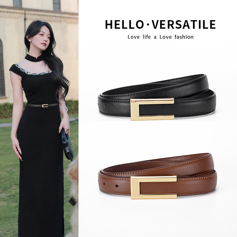 Women's Black Slim Leather Belt | Cowhide Retro Style