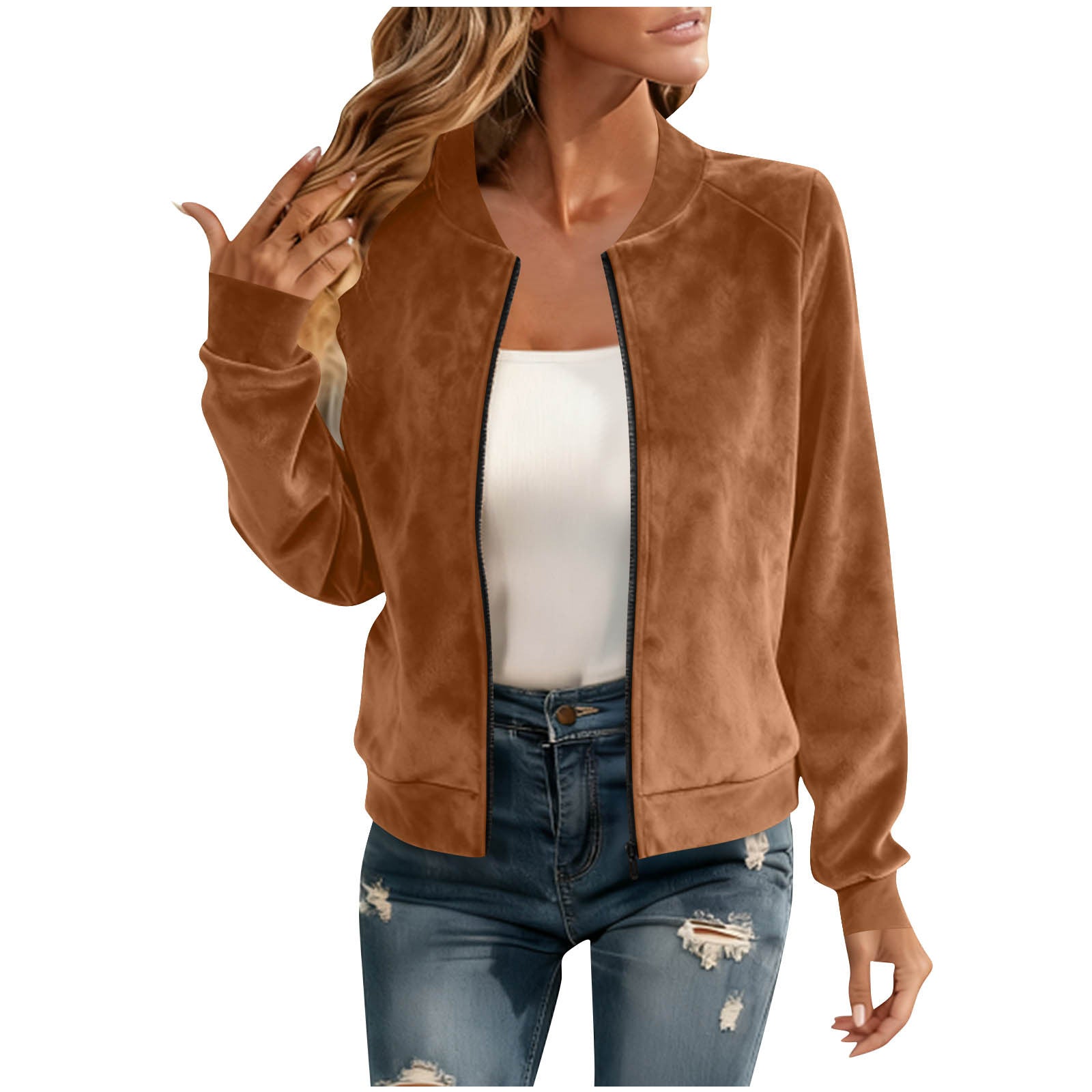 Women's Suede Look Short Jacket - Fleece Lined, Zip & Round Neck