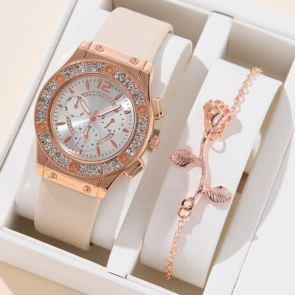 Korean Style Diamond-Embedded Fashion PU Strap Watch
