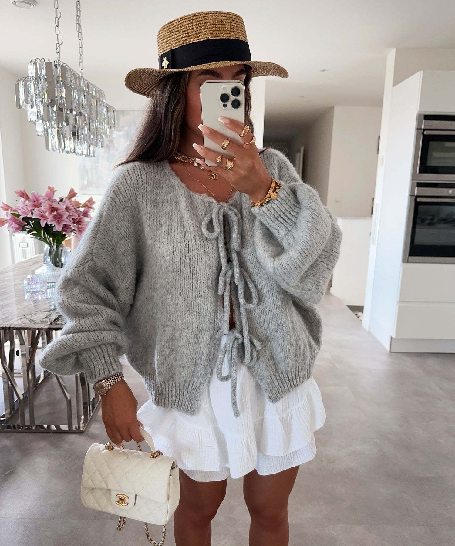 Damen Strickcardigan mit Schleife | Eleganter Hollow-Out Look