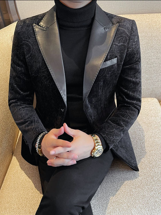 Men's Jacquard Velvet Blazer with Leather Lapels – Luxury Elegant Jacket