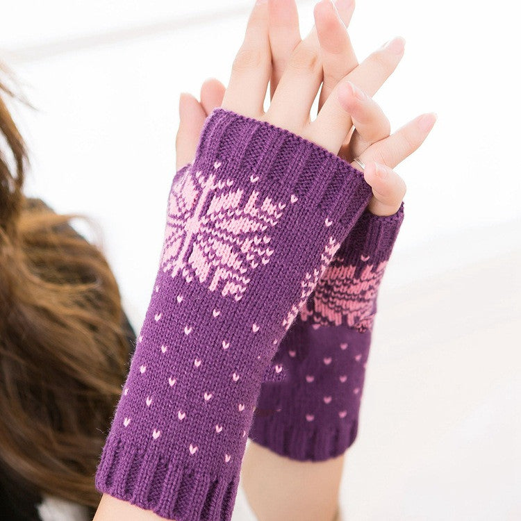 Damen Halbfinger Strickhandschuhe – Schneeflocke Weihnachtsdesign