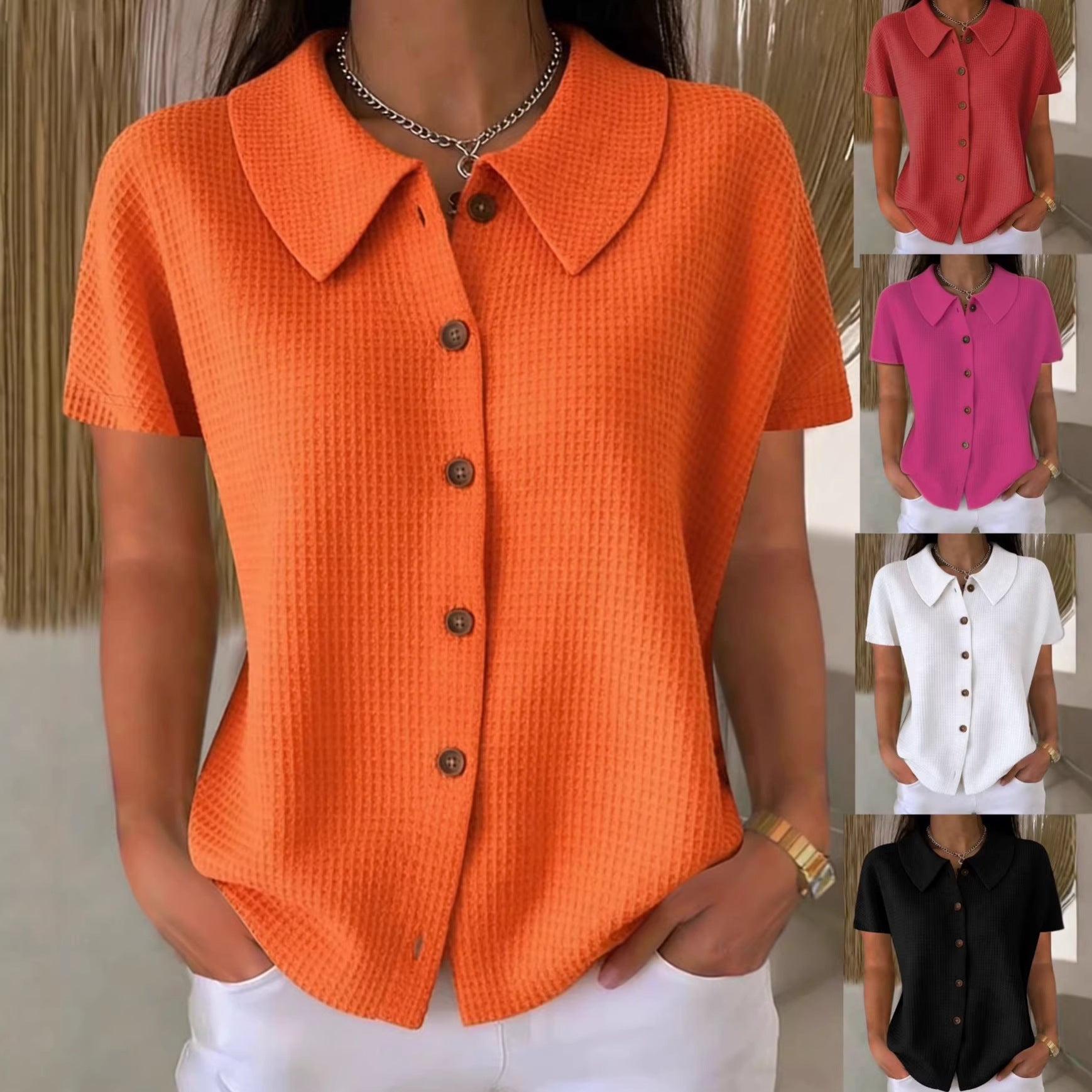 Women's Short-Sleeve Blouse with Collar – Waffle Texture, Loose & Summery