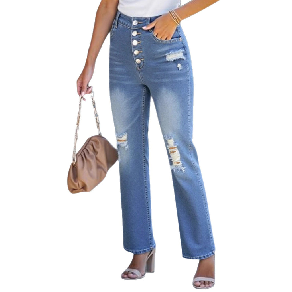 Women's High Waist Straight Jeans | Button Fly Denim Pants