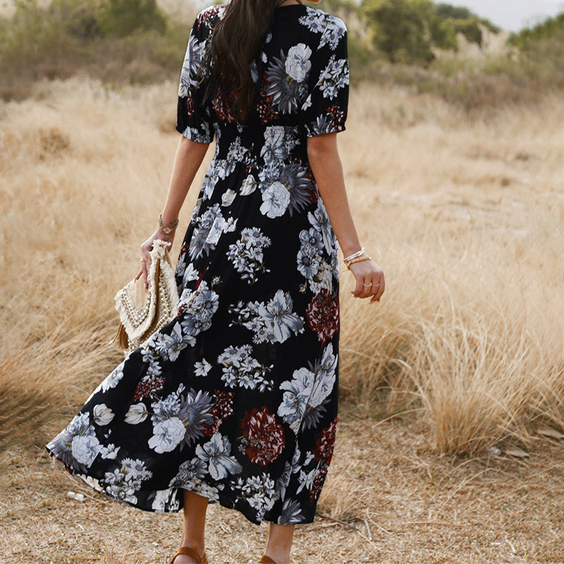Florales Sommerkleid mit V-Ausschnitt – Leichtes Strandkleid mit elastischer Taille
