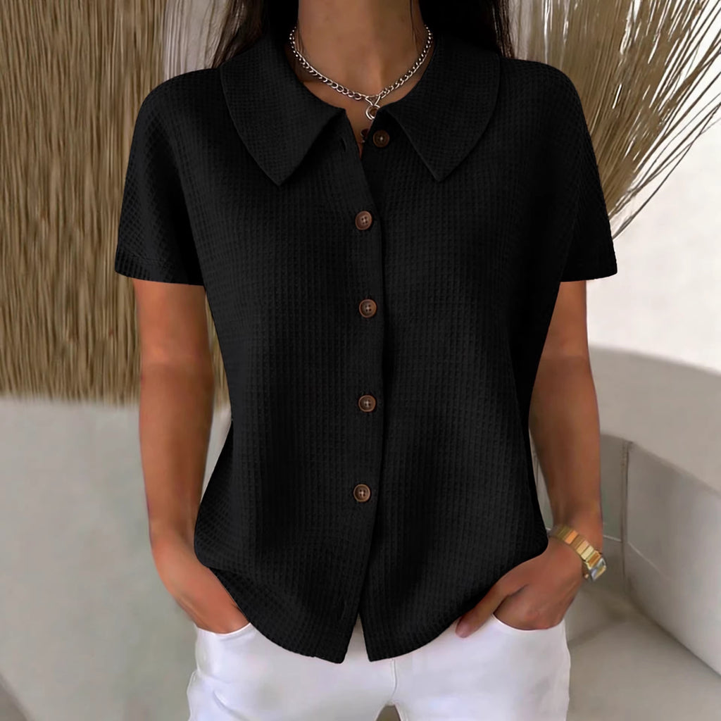 Women's Short-Sleeve Blouse with Collar – Waffle Texture, Loose & Summery