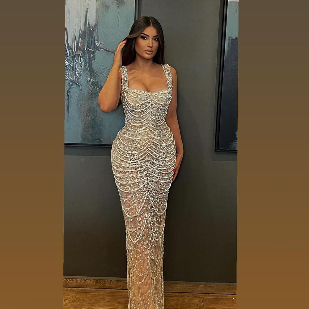 Beaded Evening Dress for Women Elegant | Nude Luxury Glamour Dress