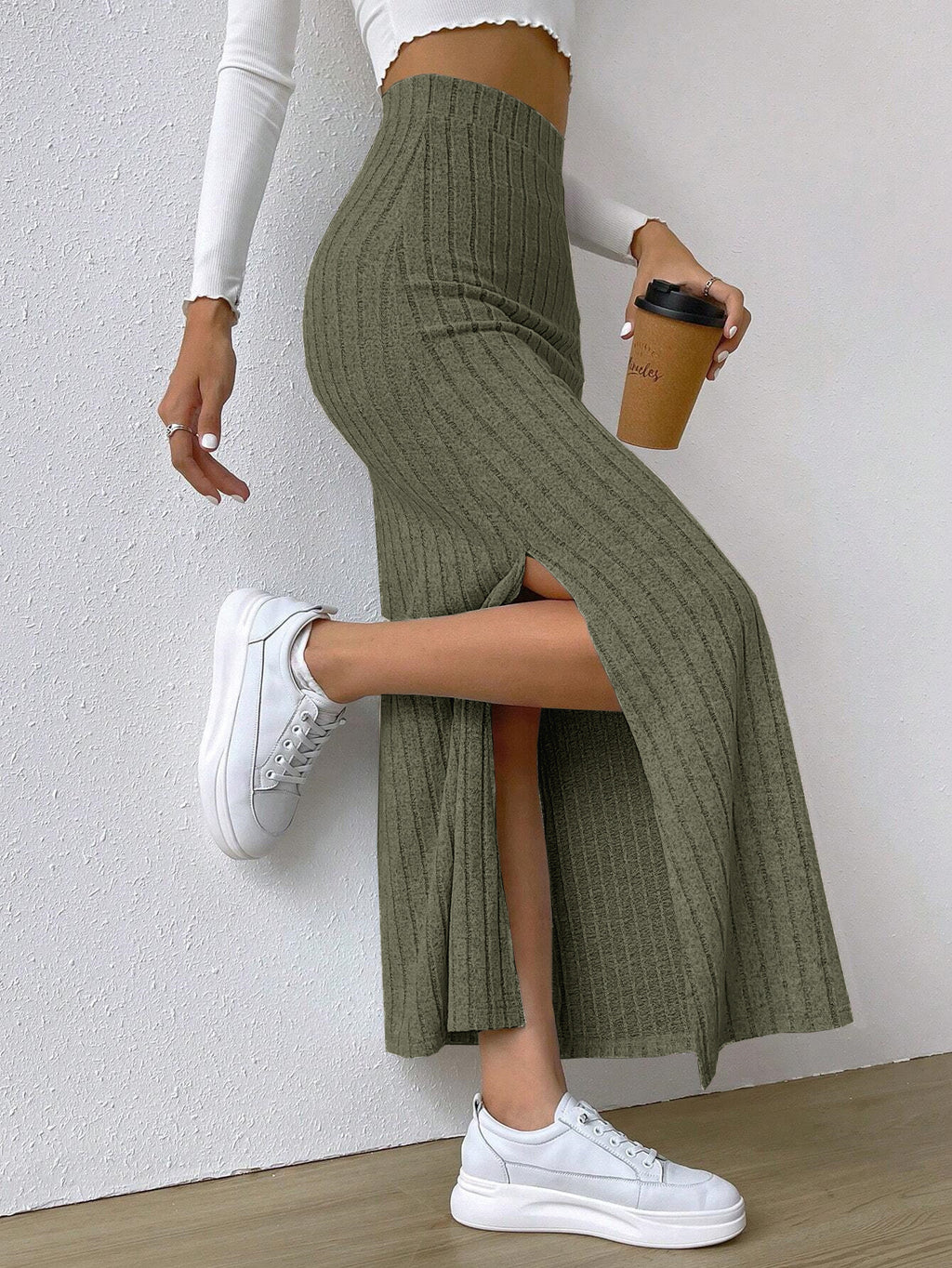 Women's Knitted Maxi Skirt | High Waist Skirt with Side Slit