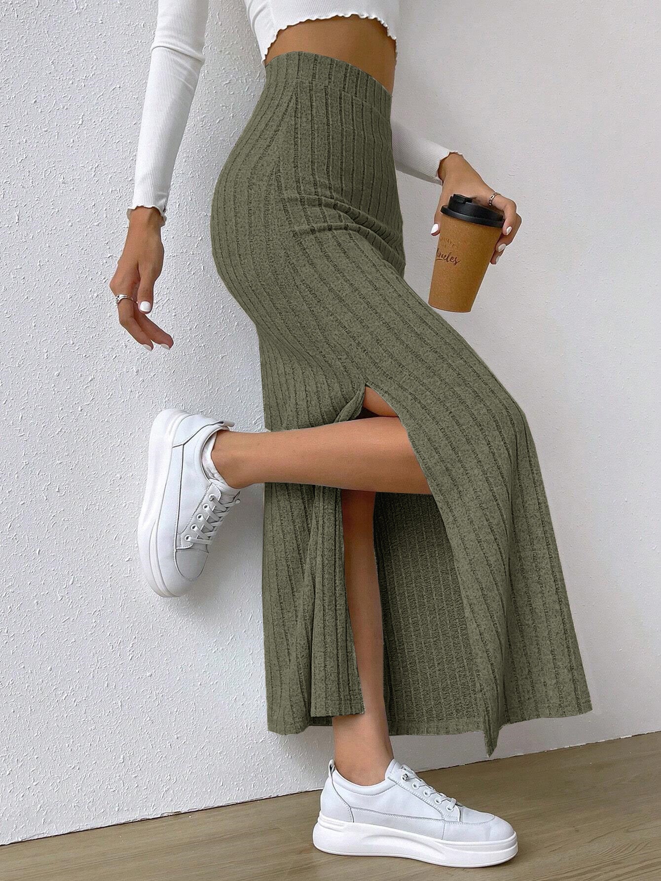 Damen Strick Maxirock | High Waist Rock mit Seitenschlitz