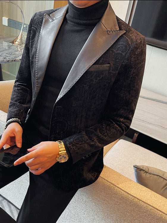 Men's Jacquard Velvet Blazer with Leather Lapels – Luxury Elegant Jacket