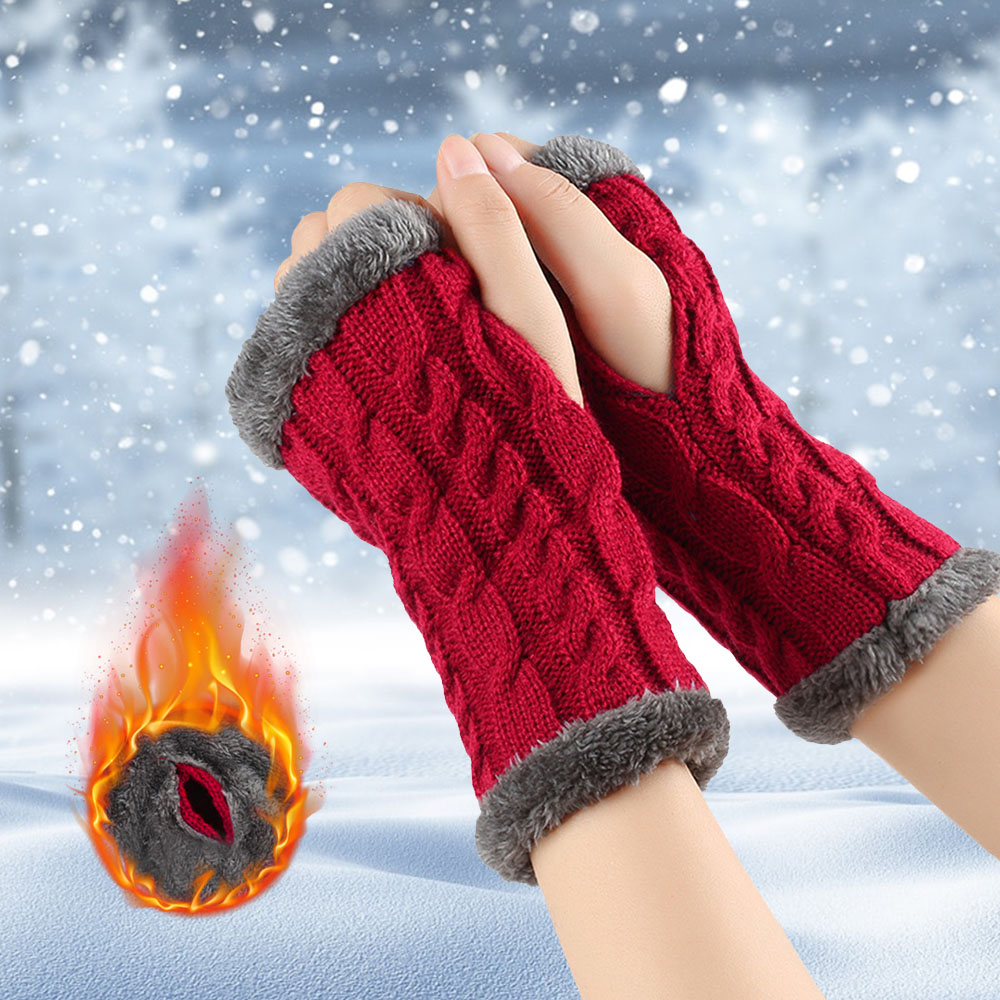 Women's Winter Knitted Fingerless Gloves – Plush Fleece Warm