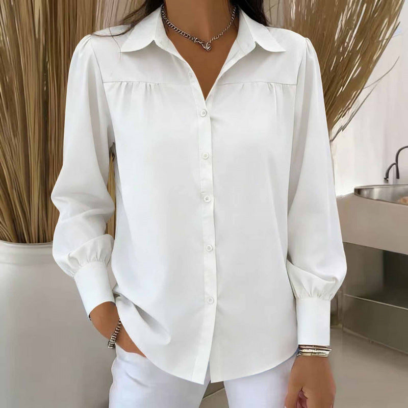 Women's Blouse with Lantern Sleeves – Solid Color, Loose & Elegant