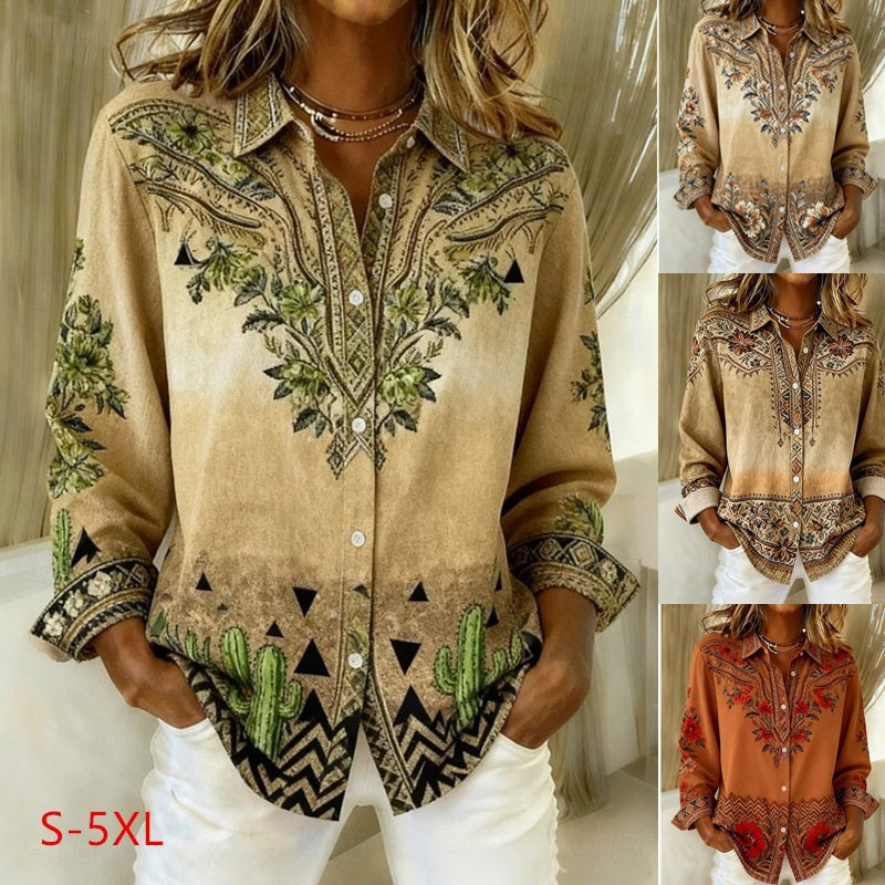 Relaxed Women's Blouse with Lapel Collar and Print – Long Sleeve & Stylish