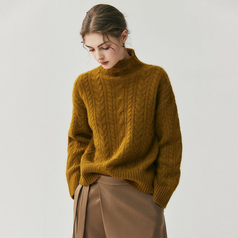 Elegant Cashmere Cable Knit Sweater – Women's Mock Neck Pullover