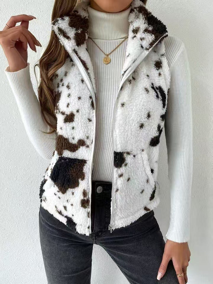 Damen Plüsch Cardigan mit Print – Beidseitig Tragbar, Reißverschluss & Warm