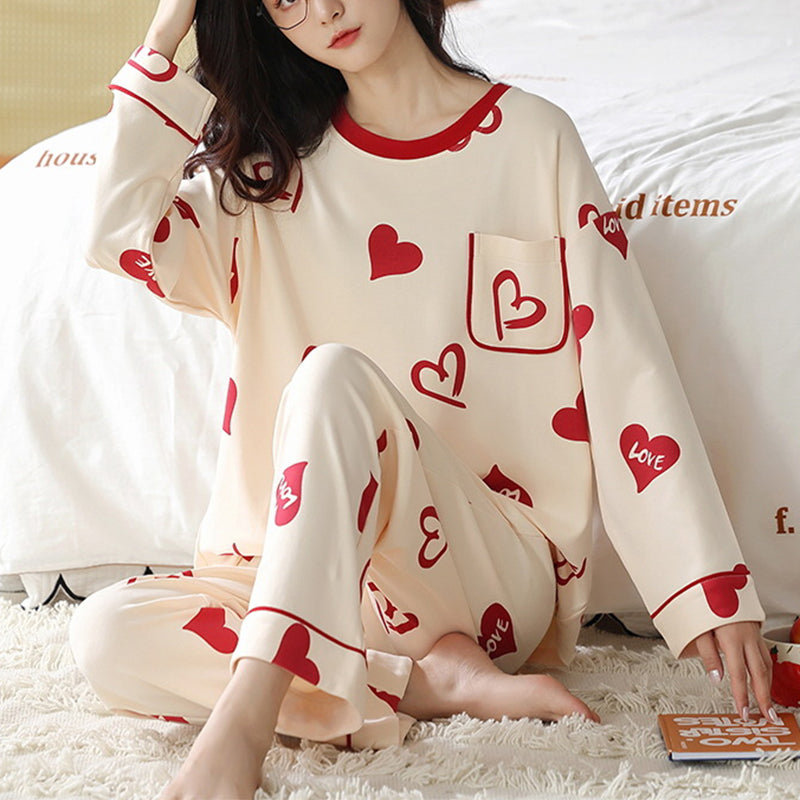 Damen Pyjama Set Print – Langarm Schlafanzug Herbst Winter