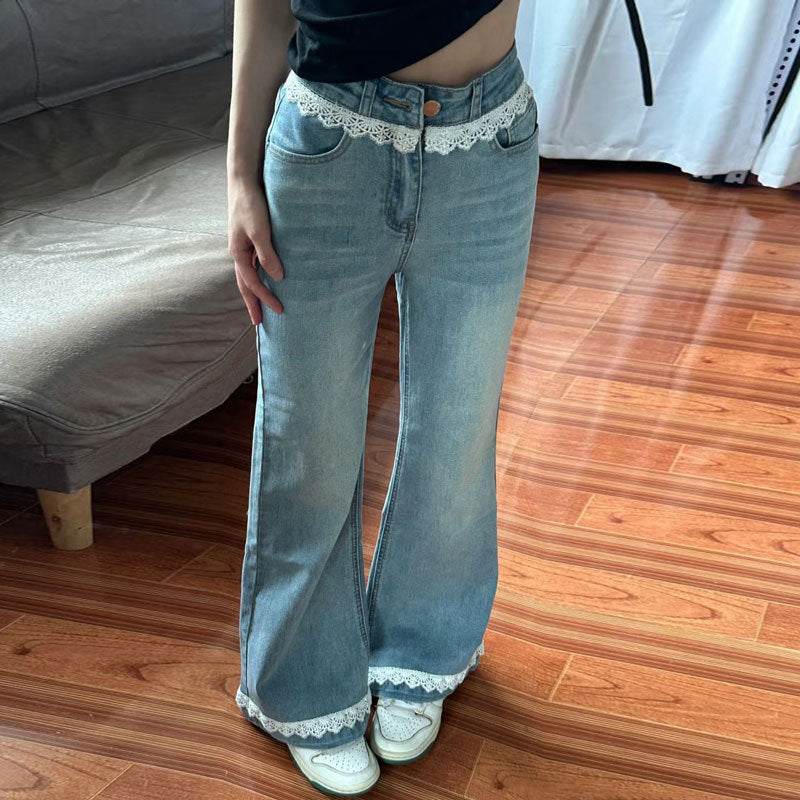 Women's Bell-Bottom Jeans with Lace | Patchwork Flared Denim Pants
